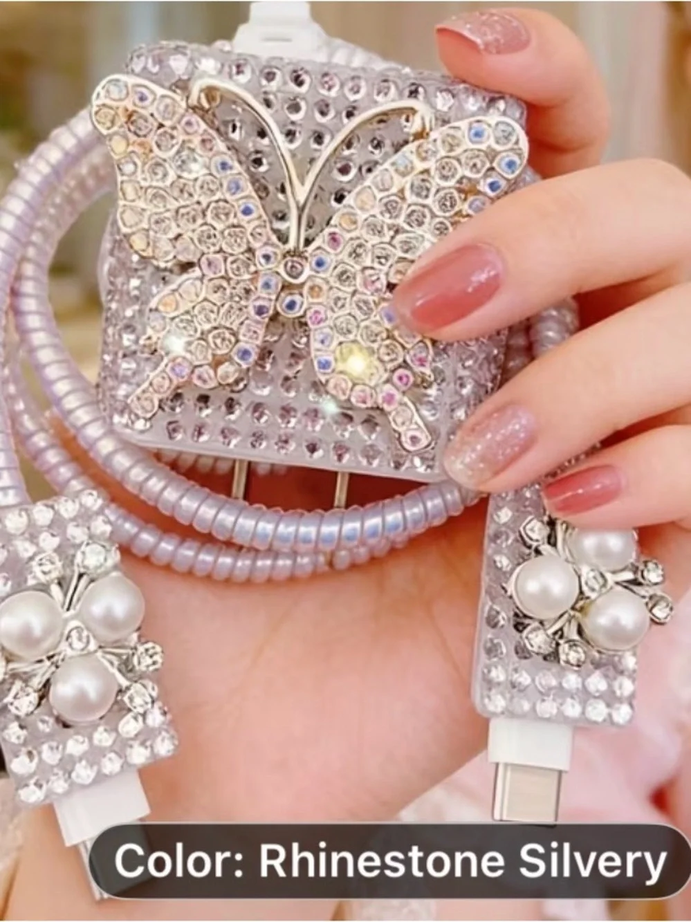 5PCS Rhinestone Silver Luxury Butterfly Bling Charger Set